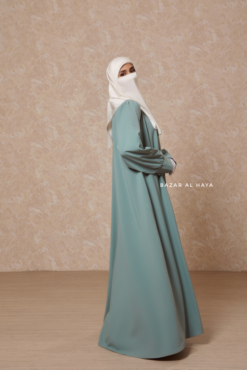 Rania Mint Abaya Dress Half-Placket Button Front & Sleeve - Mediumweight Soft Crepe Cotton