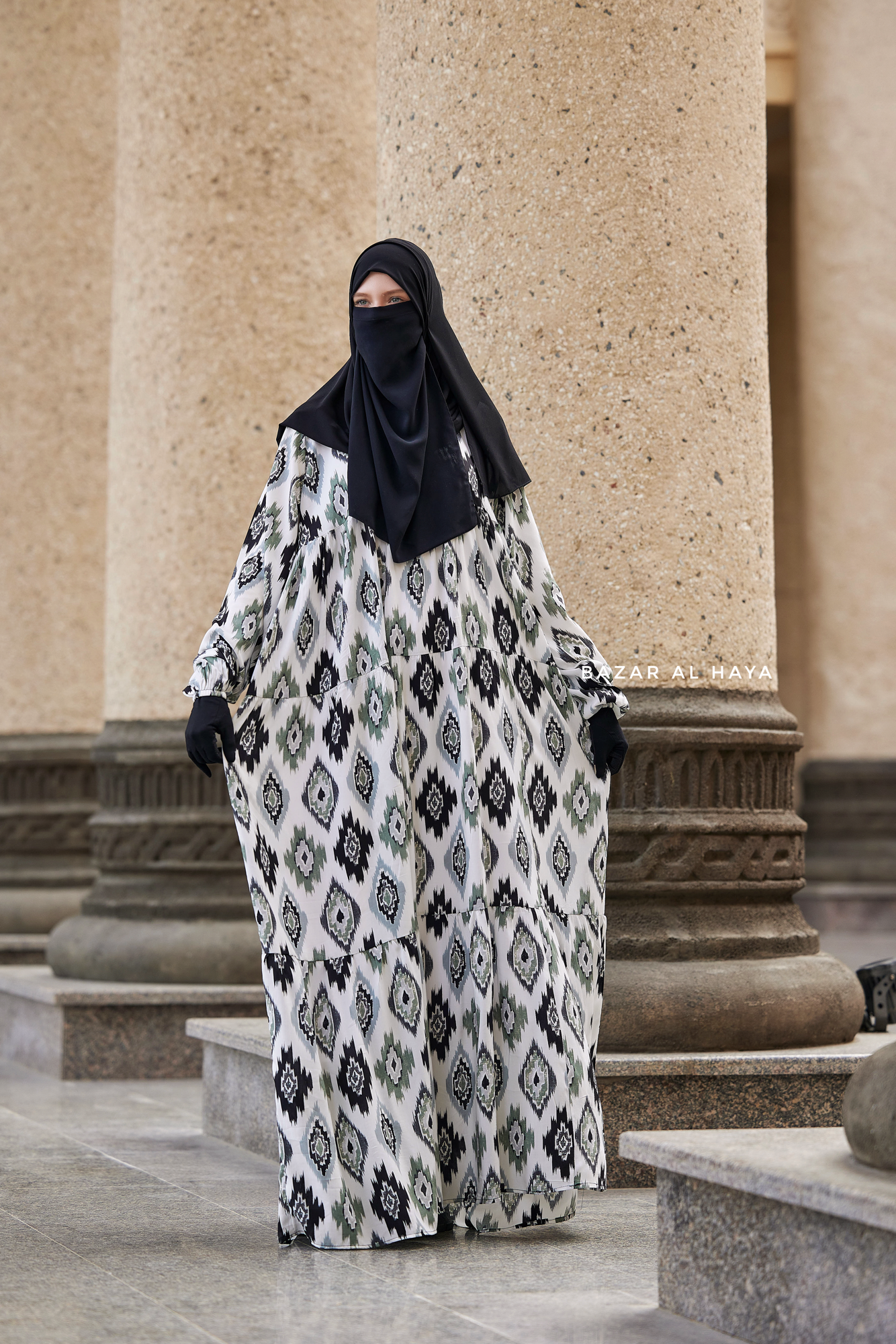 Sadia White/Green Print Dress - 100% Cotton Summer Tiered Abaya, Front ...