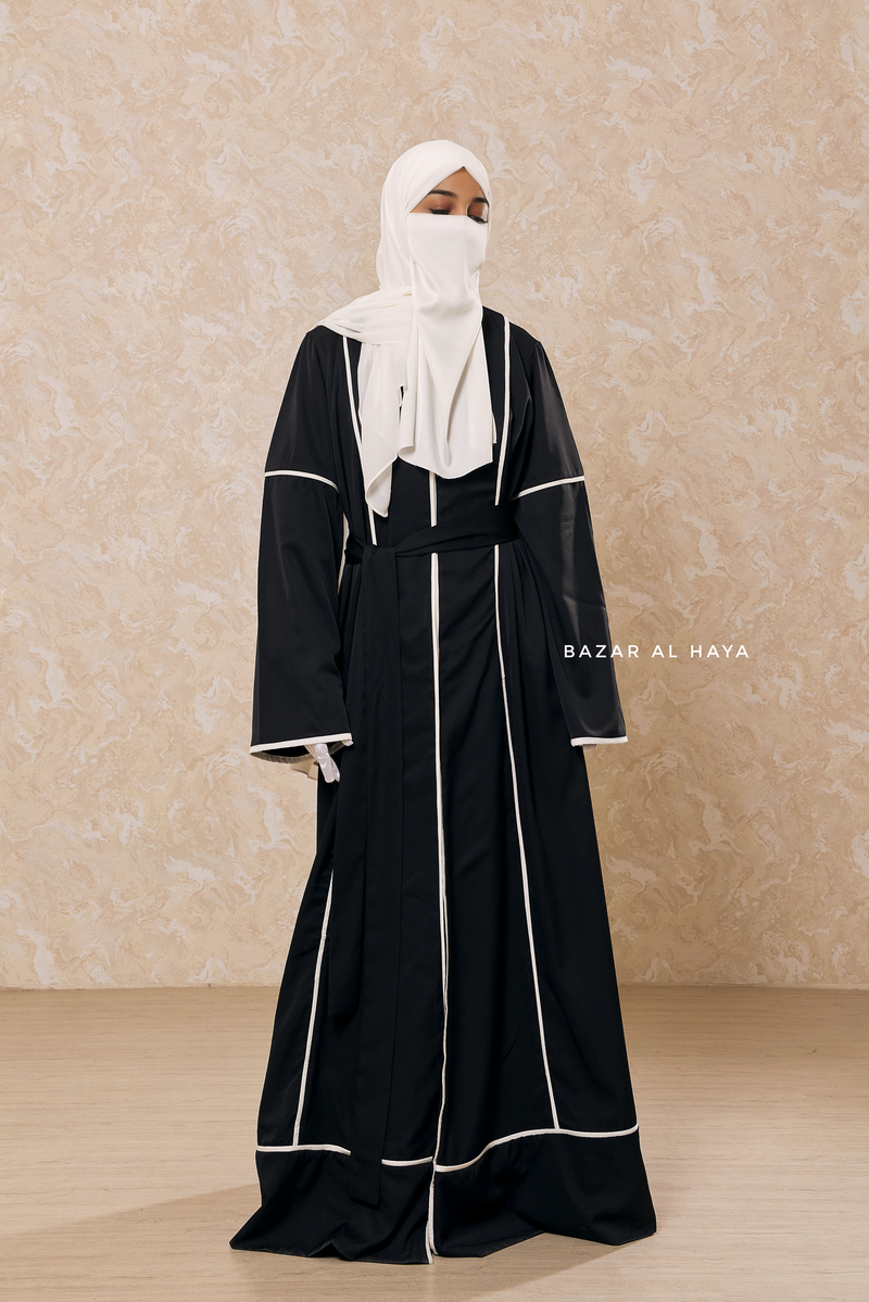 Black Fazeela Open Front Abaya In Classic Design - Premium Silk Crepe