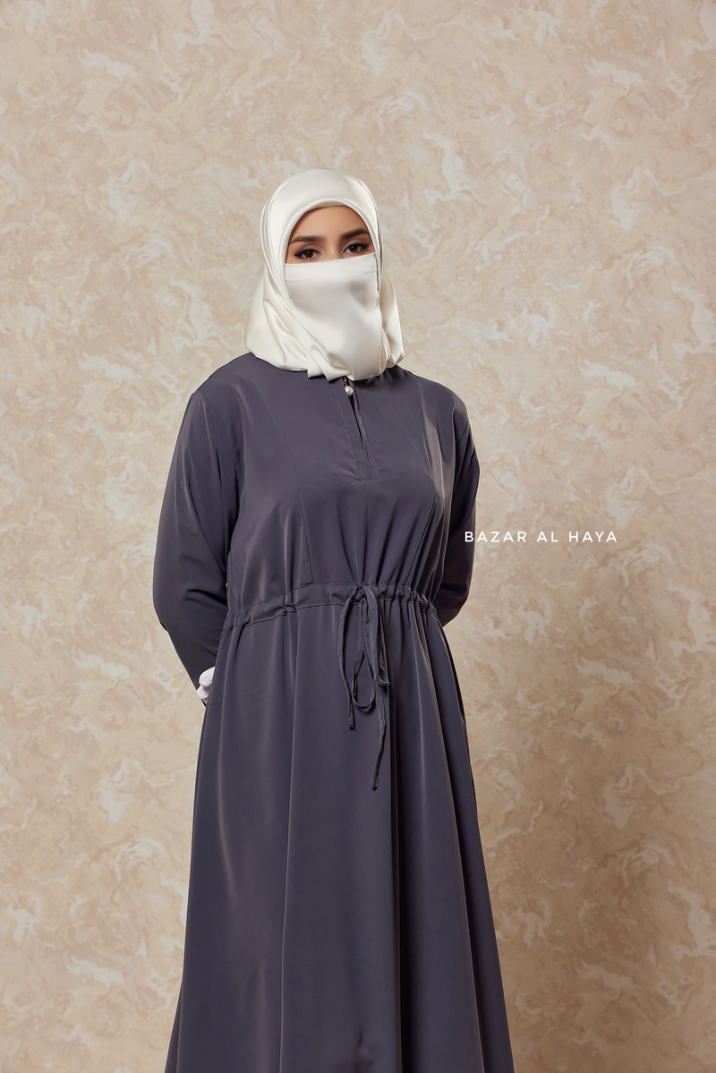 Steel Grey Salam 3 Belted Abaya Dress - Front Zipper & Zipper Sleeves - Nida