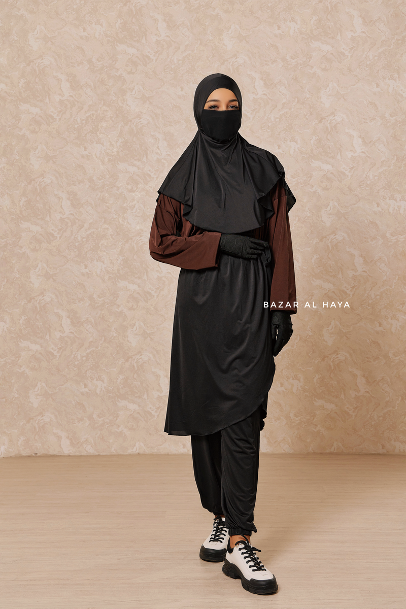 Black Brown Modest Swimwear 4 Piece Swimdress, Khimar, Apron & Pants - Comfort Swimsuit