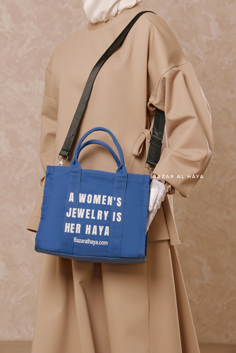 “A Women’s Jewelry Is Her Haya” Blue Cotton Tote Bag