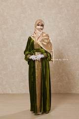 Pistachio Irfah Luxurious Plush Pombarch Kaftan - Abaya Dress With Belt