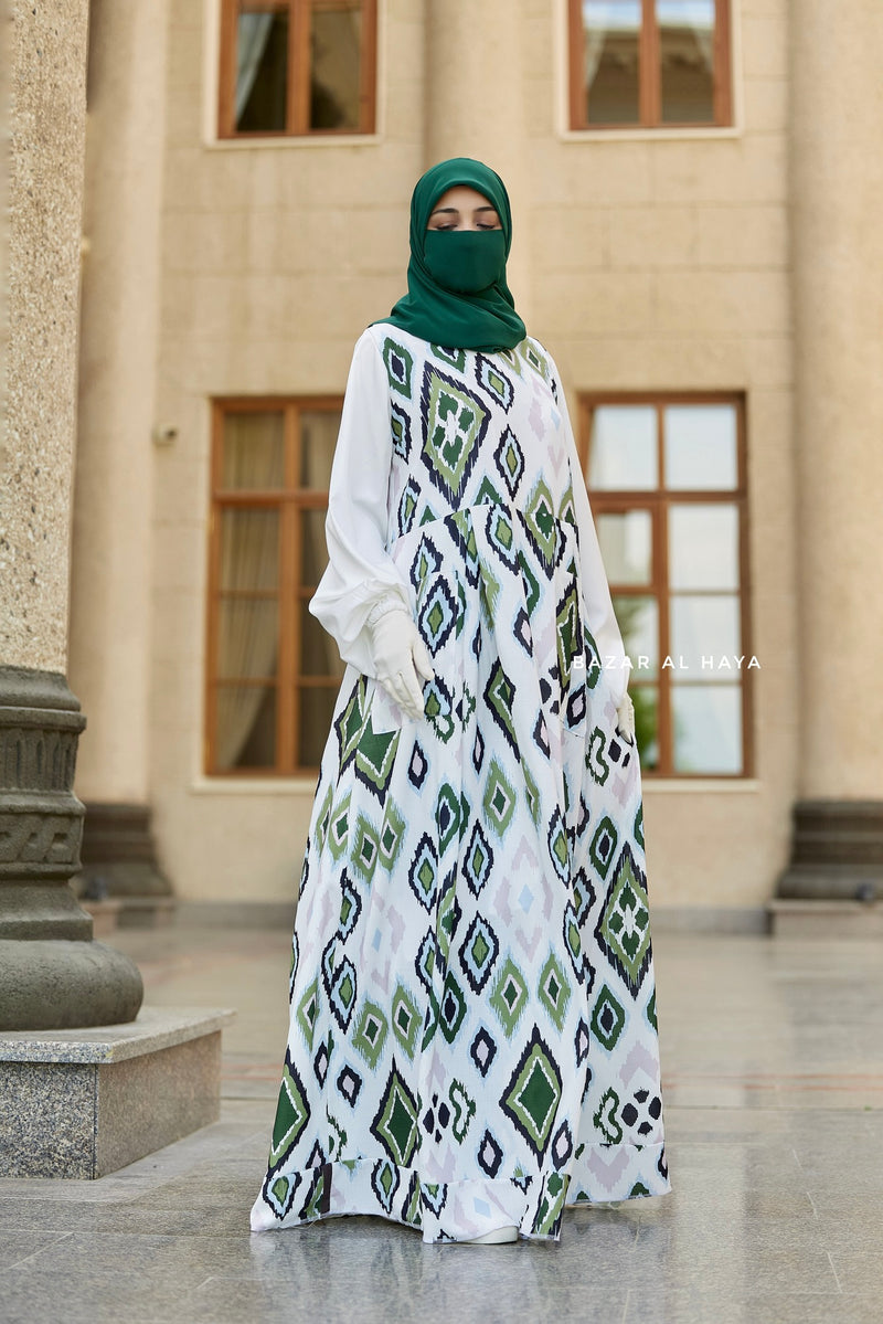 green and white geometric print dress Zara Ecru White Green Geo Geometric Print Karen Tiered Midi Dress size S 10 12