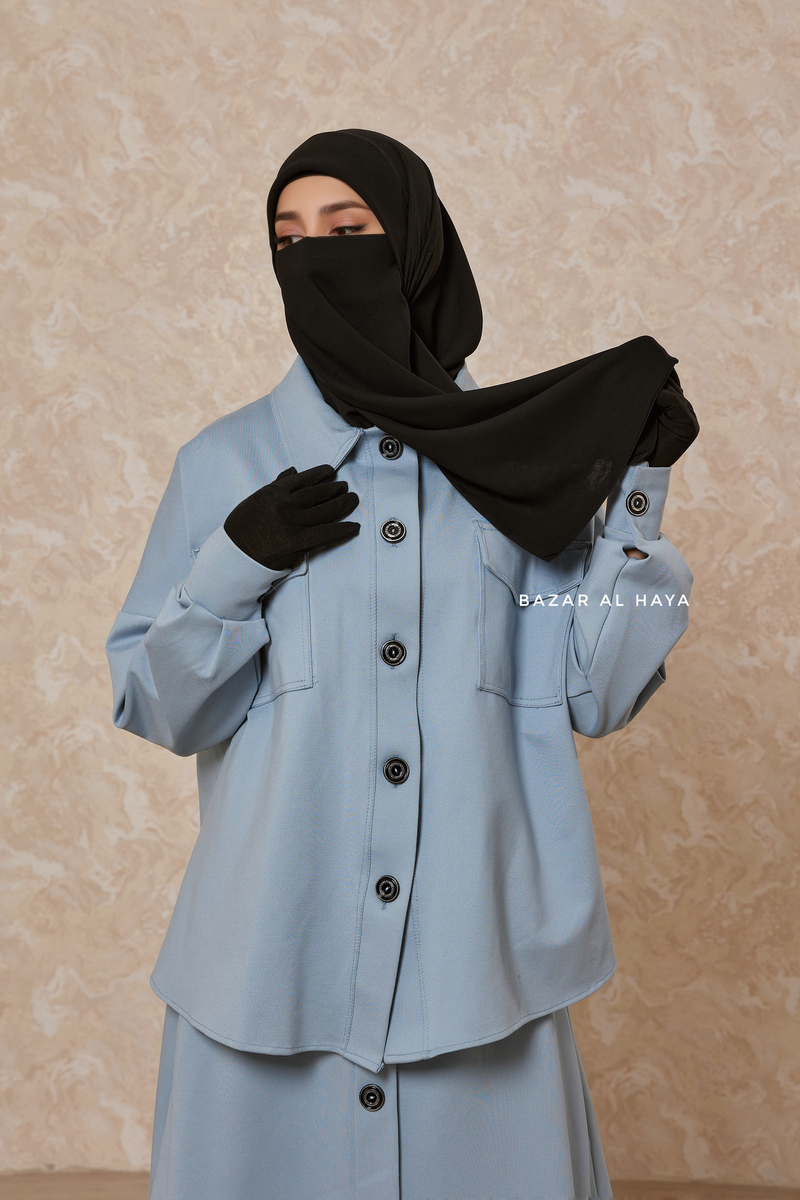 Sky Blue Durrah Two Piece Buttoned Decor Top & Skirt Set In Cotton