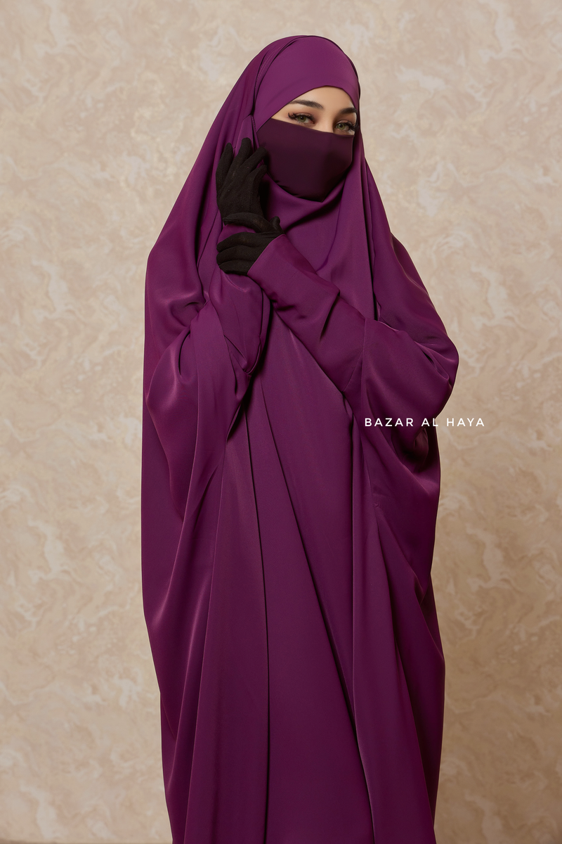 Purple Sarah One Piece Jilbab - Zipper Sleeves - Silk Crepe