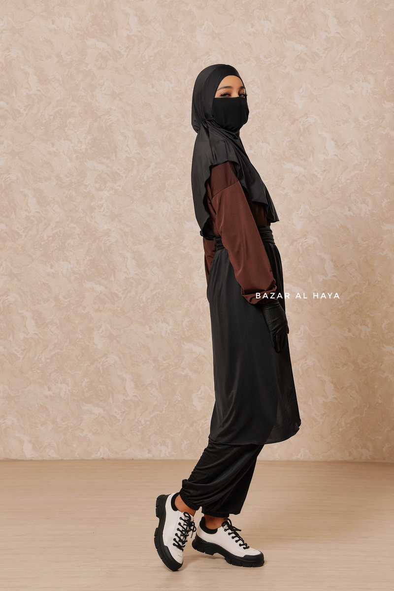 Black Brown Modest Swimwear 4 Piece Swimdress, Khimar, Apron & Pants - Comfort Swimsuit
