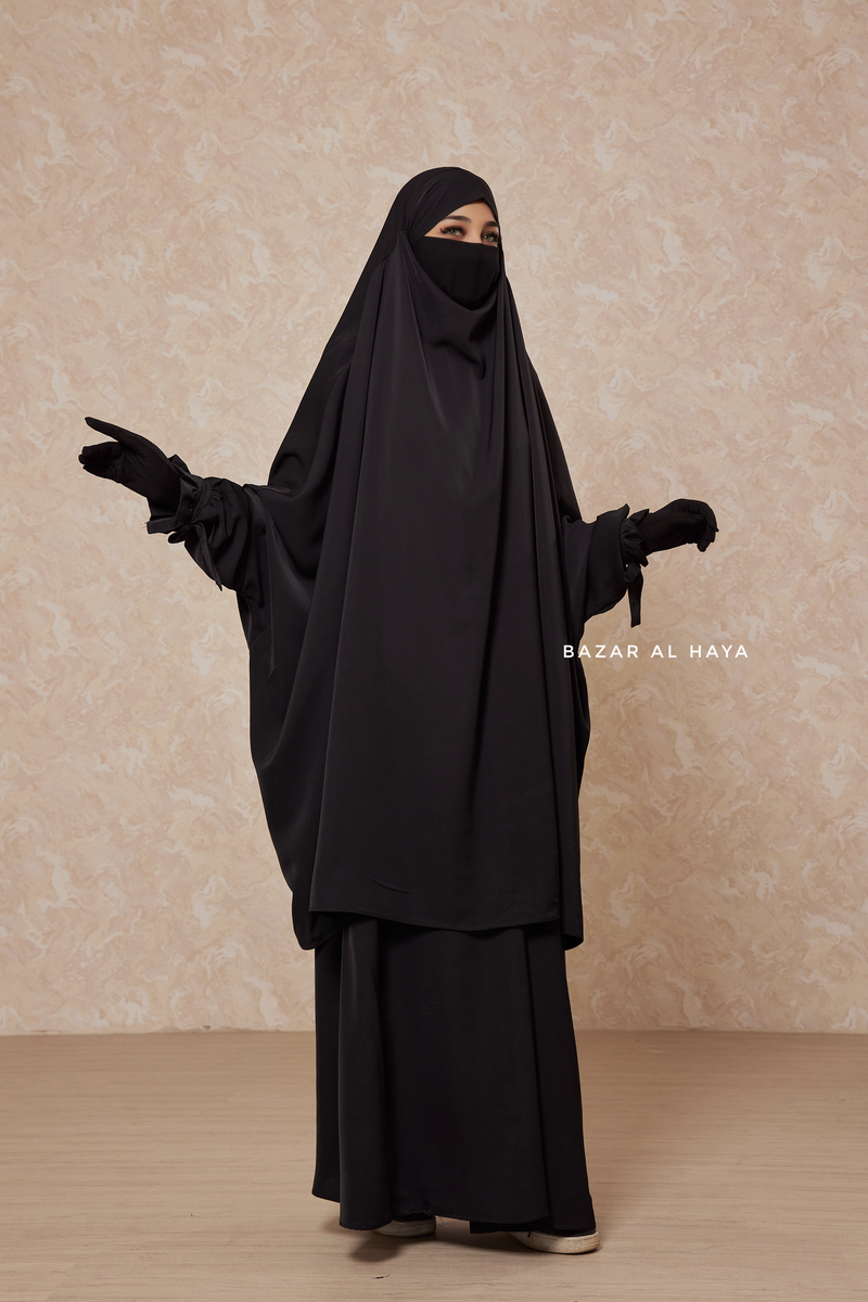 Black Jahida Two Piece Jilbab With Loose Pants Set - Skirt-Style Shalwar