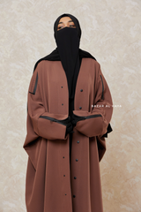 Brown Falak Classic Loose Fit Abaya Coat With Scarf - Pockets & Zippers