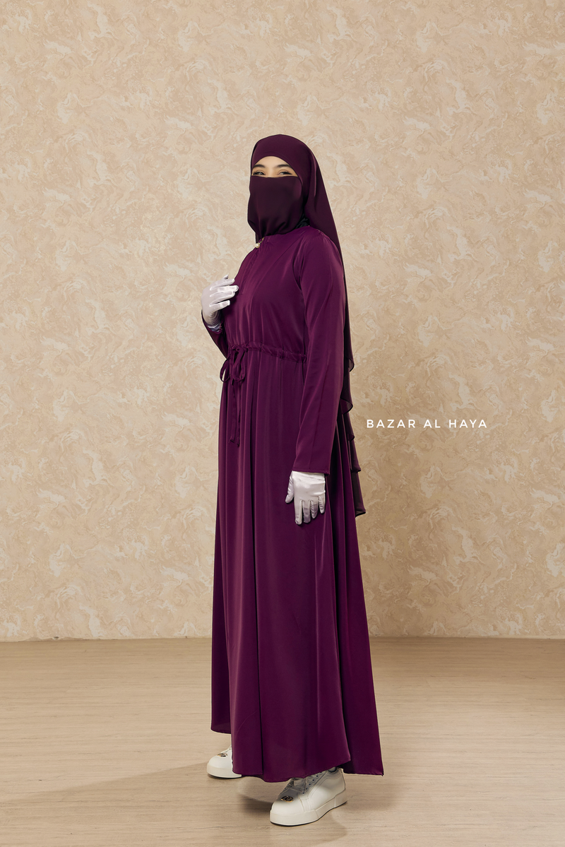 Salam 3 Purple Belted Abaya Dress - Front Zipper & Zipper Sleeves - Nida