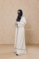White Fazeela Open Front Abaya In Classic Design - Premium Silk Crepe