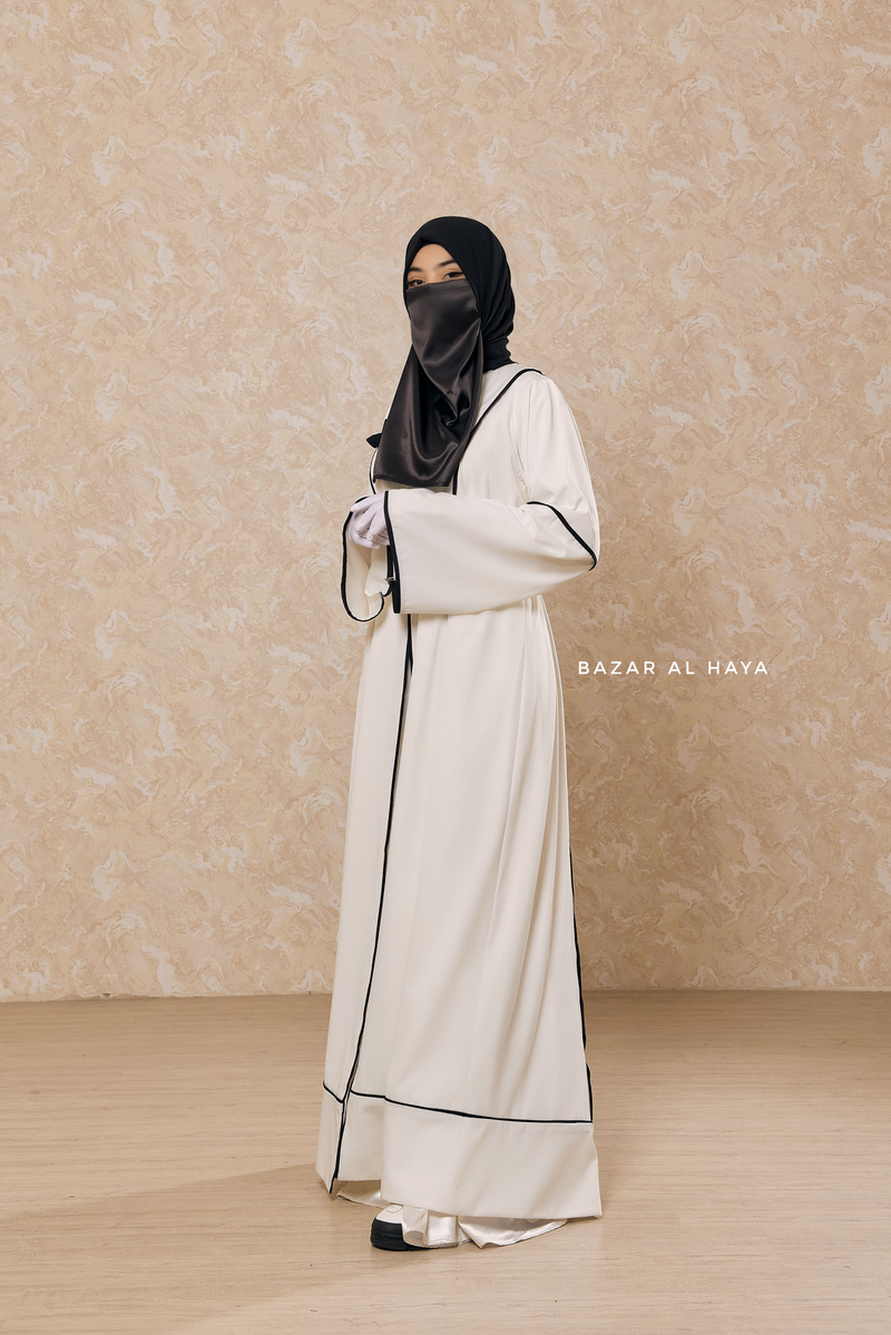 White Fazeela Open Front Abaya In Classic Design - Premium Silk Crepe