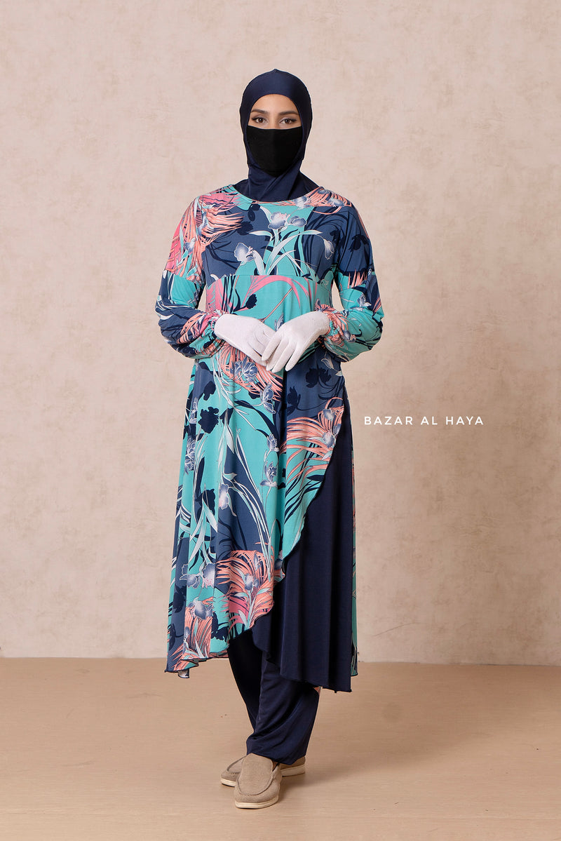 Floral Print Modest Swimwear Three Piece Set - Swimdress, Khimar, & Pants - The Comfort