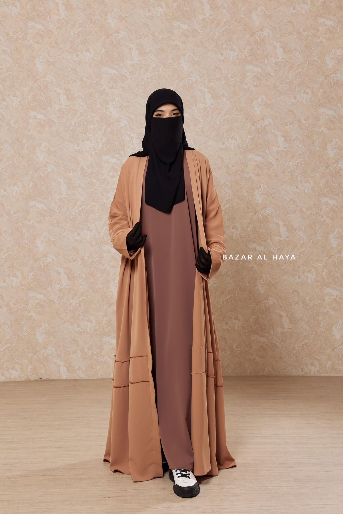 ♡aayyaa♡ Latte Fathiya Open Front Abaya In Nida - Relaxed Fit – Bazar Al Haya