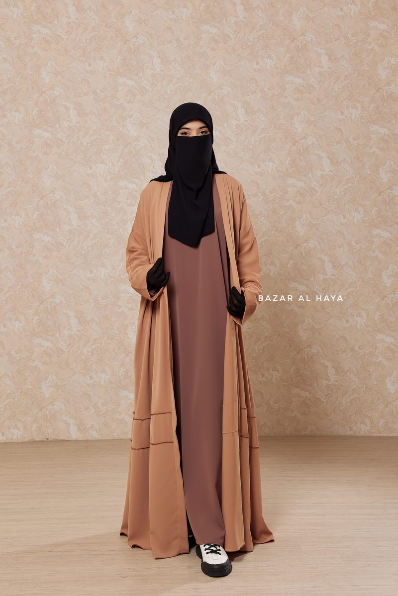 Latte Fathiya Open Front Abaya In Nida - Relaxed Fit