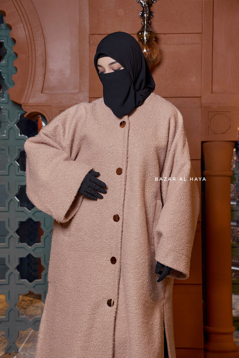 Pink Beige Damla Loose Warm Coat - Premium Teddy Wool