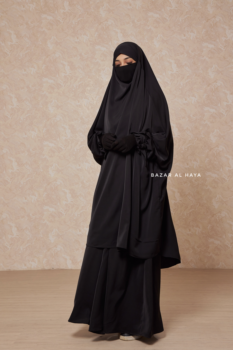 Black Jahida Two Piece Jilbab With Loose Pants Set - Skirt-Style Shalwar