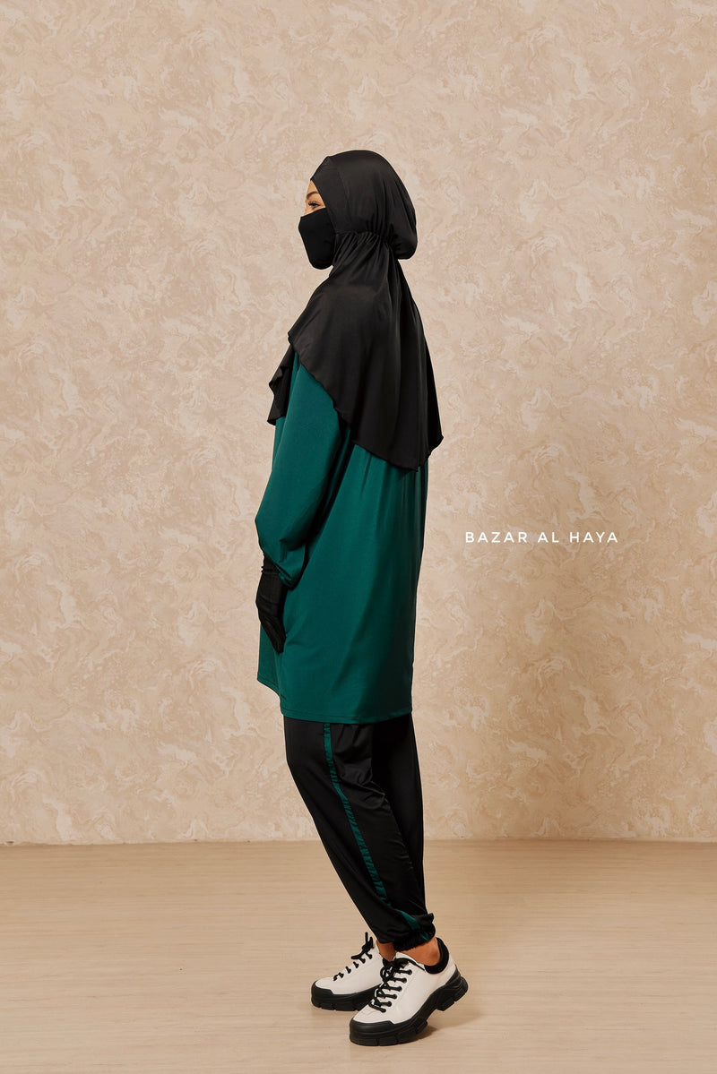 Black Emerald Modest Swimwear 4 Piece Set With Swimdress, Khimar, & Pants - Comfort Swimsuit