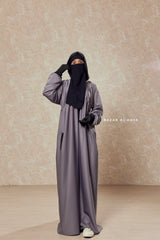 Kalina Steel Grey Hooded Abaya Dress With Pockets - Mediumweight Silk Crepe