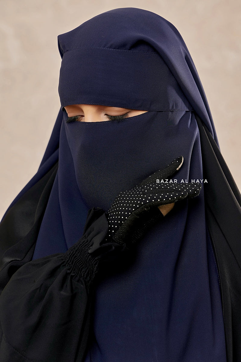 Dark Blue Flap Two Layer Niqab - Long & Wide - Super Breathable Veil - Large