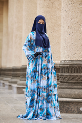 Sadia Ocean/Gold Print Dress - 100% Cotton Summer Tiered Abaya, Front Zipper