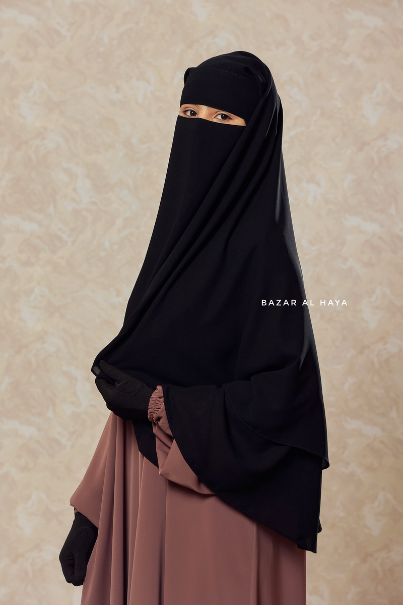 Black Two Layer Niqab - Premium Wool Chiffon - Medium
