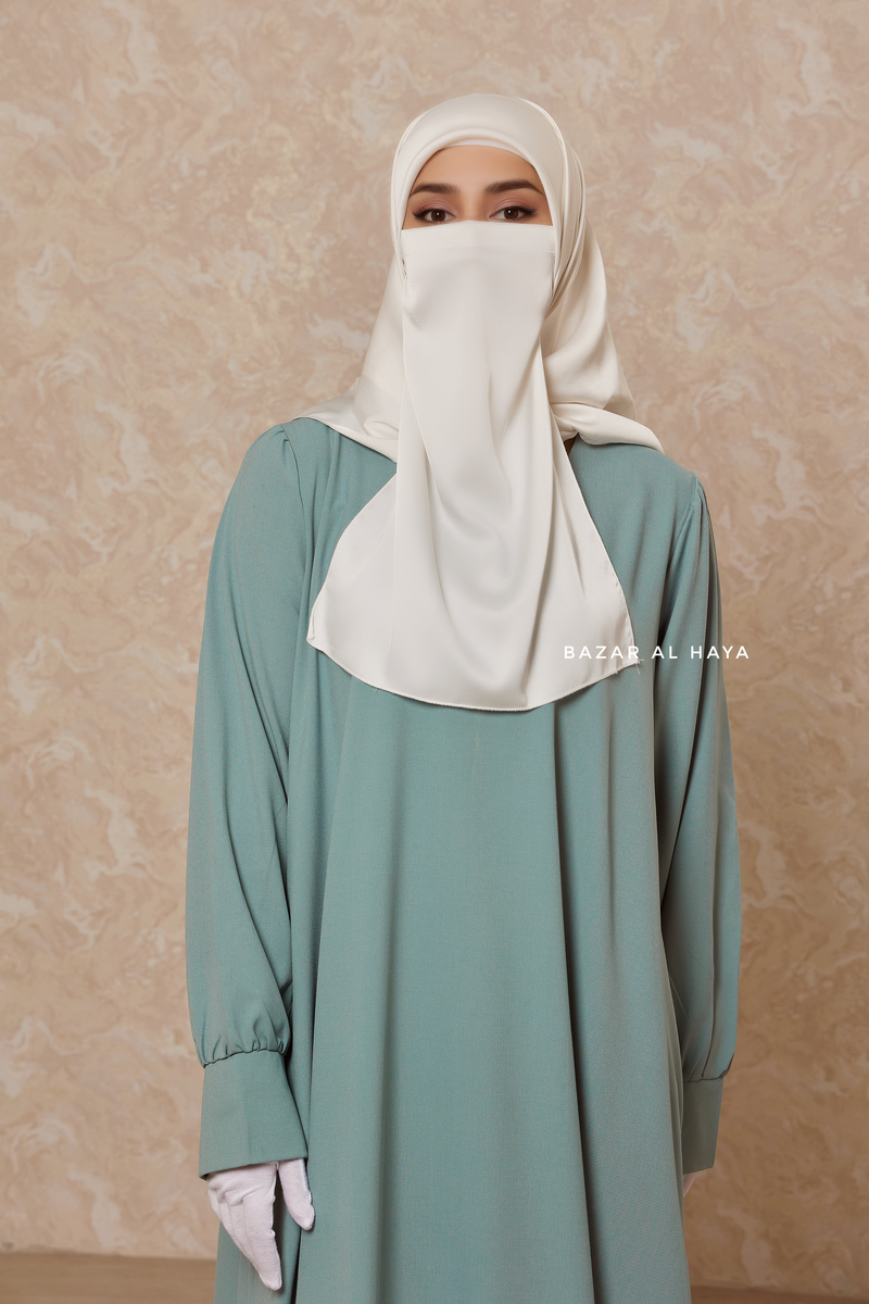 Rania Mint Abaya Dress Half-Placket Button Front & Sleeve - Mediumweight Soft Crepe Cotton