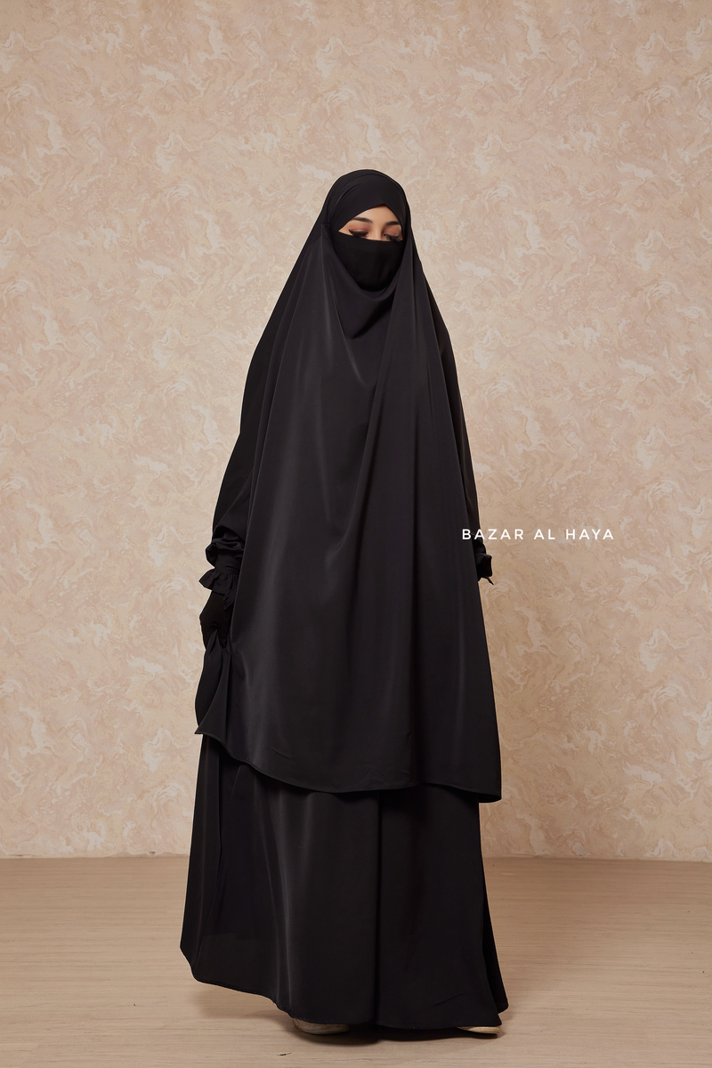 Black Jahida Two Piece Jilbab With Loose Pants Set - Skirt-Style Shalwar