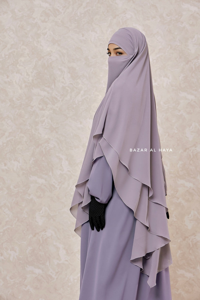 Grey Pari Two Layered Maxi Diamond Khimar - Crepe Chiffon