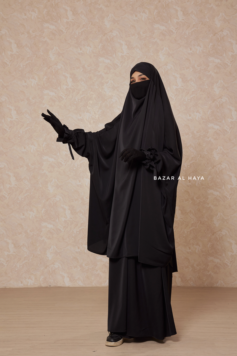 Black Jahida Two Piece Jilbab With Loose Pants Set - Skirt-Style Shalwar