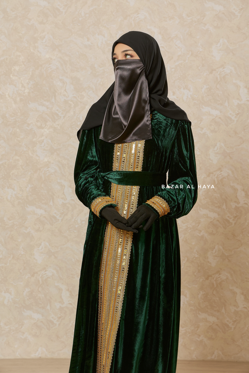 Emerald Green Irfah Luxurious Plush Pombarch Kaftan - Abaya Dress With Belt