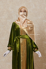 Pistachio Irfah Luxurious Plush Pombarch Kaftan - Abaya Dress With Belt