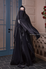 Humaira 3 Piece Abaya Set In Black Organza Luxurious Kaftan With Inner Dress Scarf