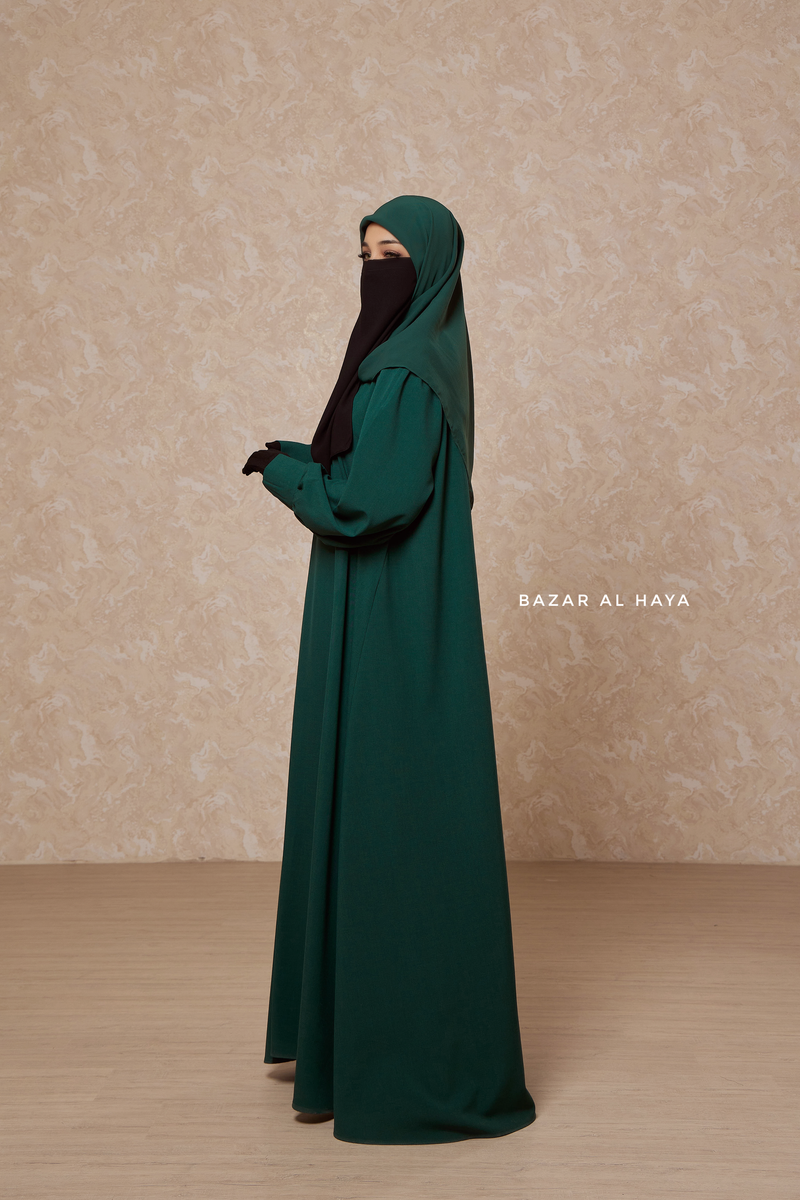 Rania Emerald Green Abaya Dress Half-Placket Button Front & Sleeve - Mediumweight Soft Crepe Cotton