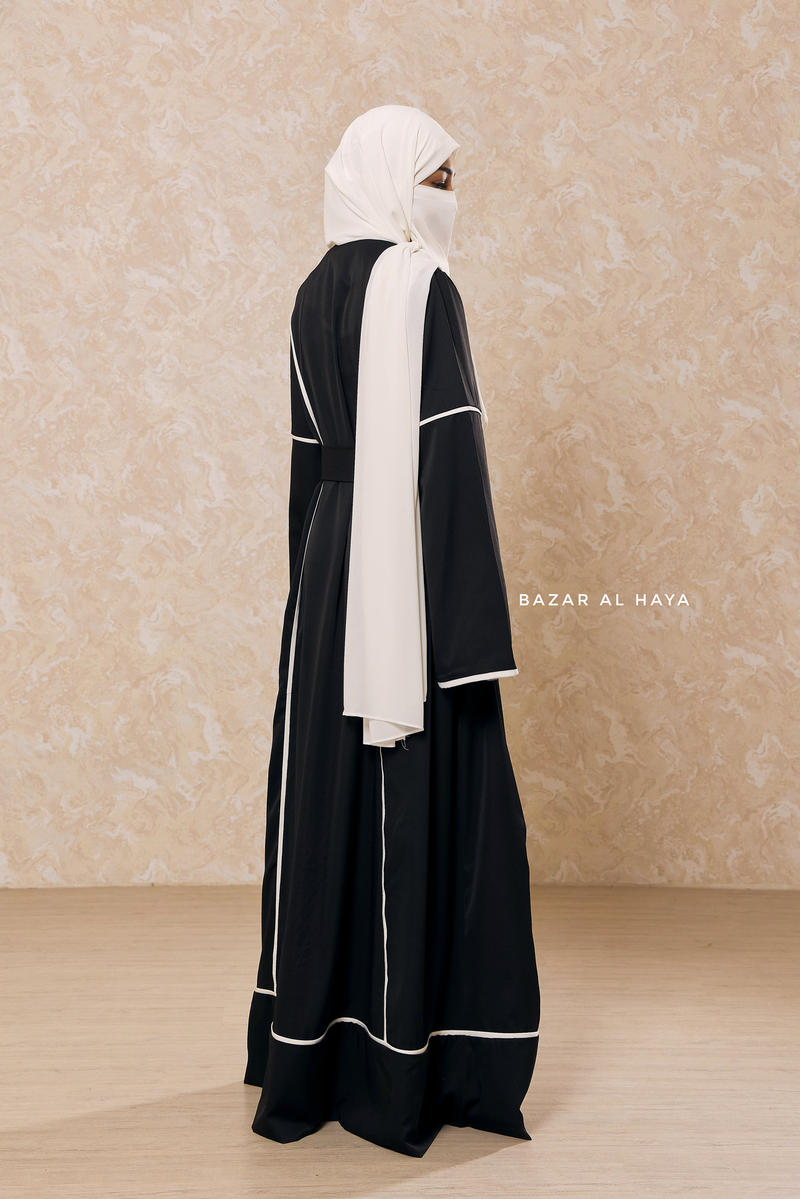 Black Fazeela Open Front Abaya In Classic Design - Premium Silk Crepe