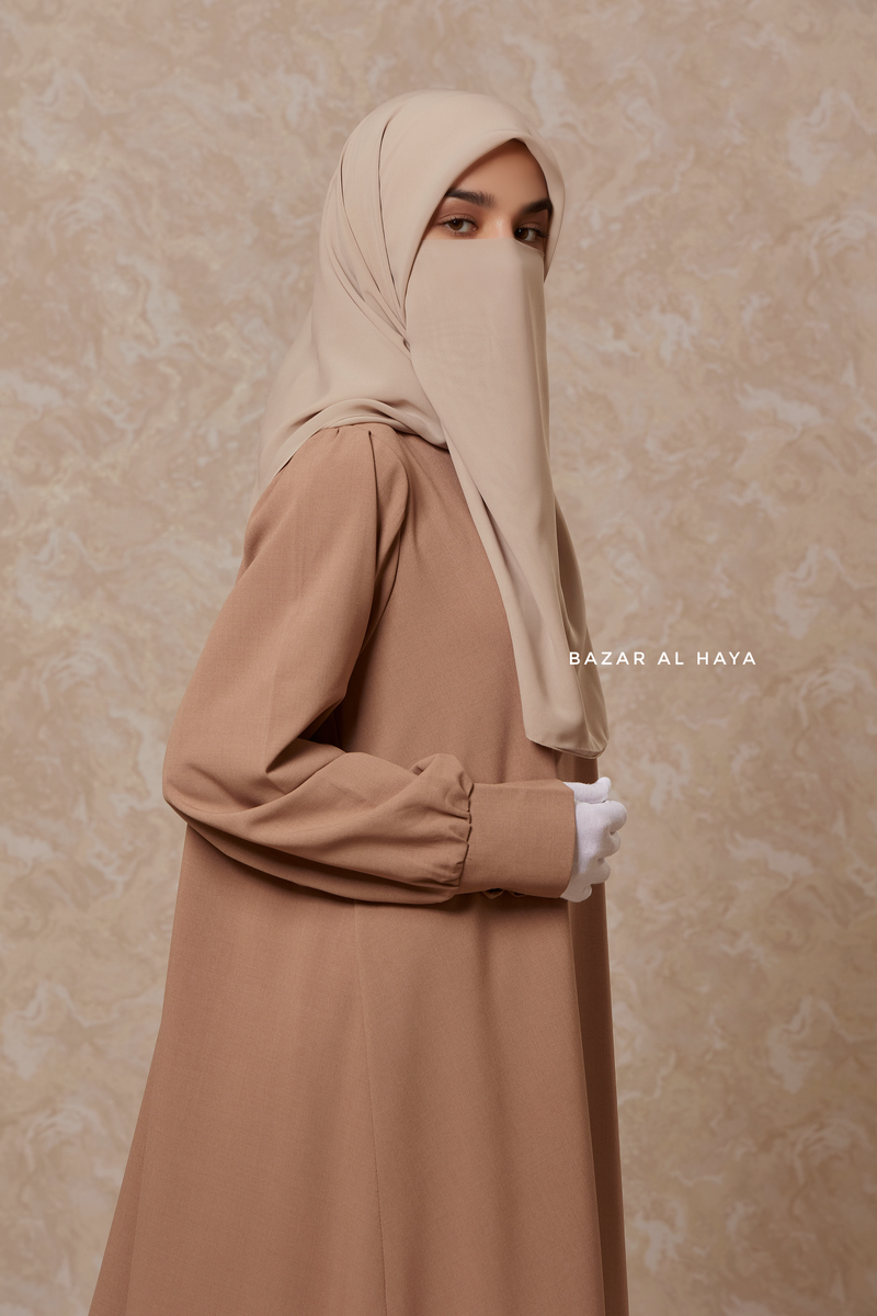 Rania Sepia Tan Abaya Dress Half-Placket Button Front & Sleeve - Mediumweight Soft Crepe Cotton