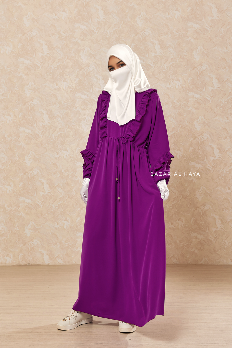 Afsah Bright Purple 3-D Ruffles Lightweight Abaya Dress - Soft Breathable Crepe Cotton