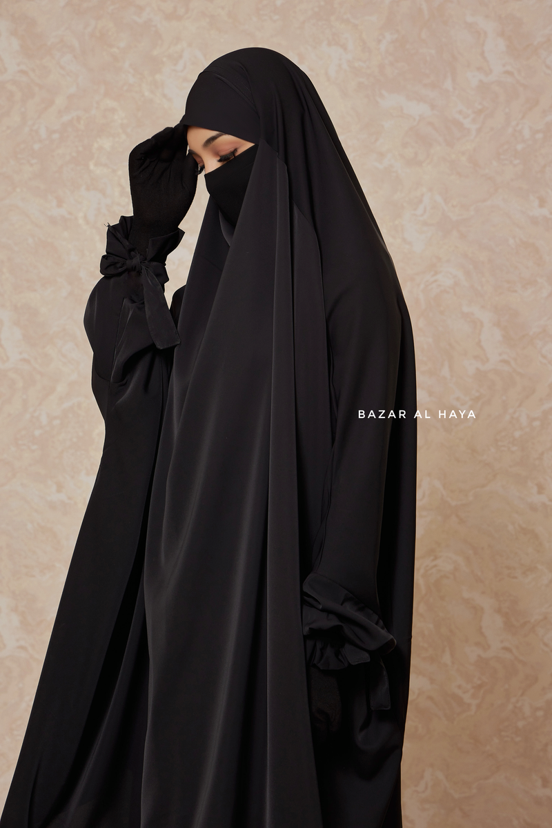 Black Jahida Two Piece Jilbab With Loose Pants Set - Skirt-Style Shalwar