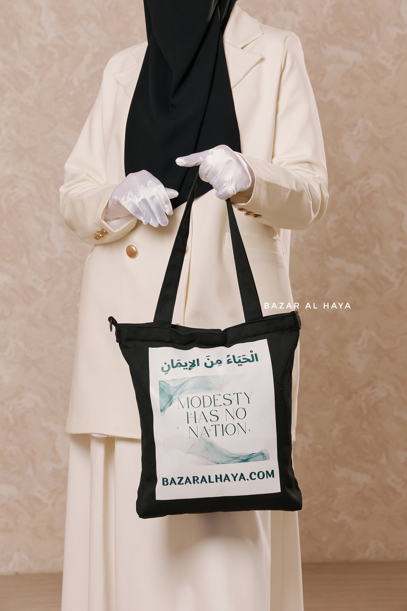 “Modesty Has No Nation” Black Cotton Tote Bag