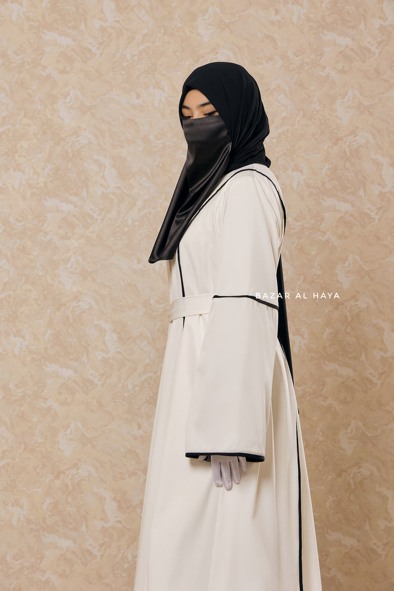 White Fazeela Open Front Abaya In Classic Design - Premium Silk Crepe