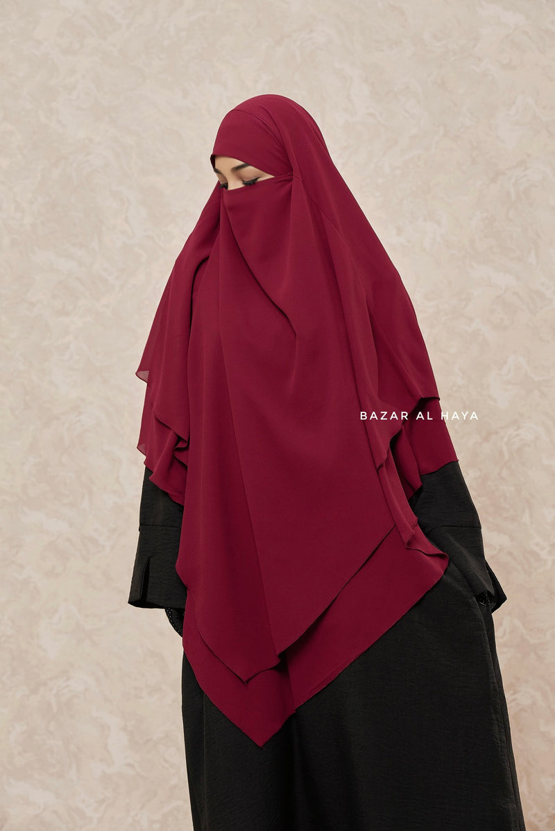 Maroon Pari Two Layered Diamond Khimar - Crepe Chiffon