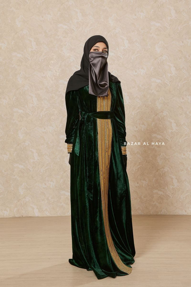 Emerald Green Irfah Luxurious Plush Pombarch Kaftan - Abaya Dress With Belt