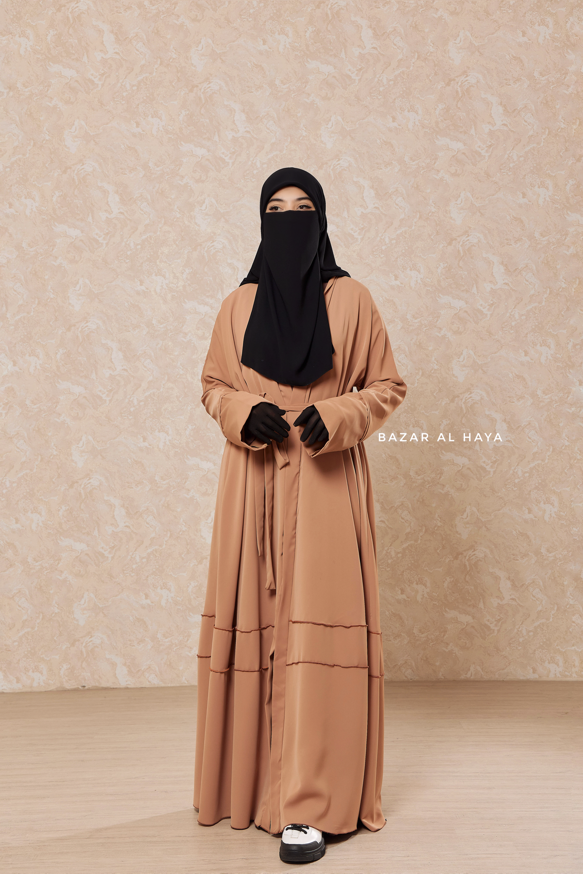 Latte Fathiya Open Front Abaya In Nida - Relaxed Fit – Bazar Al Haya