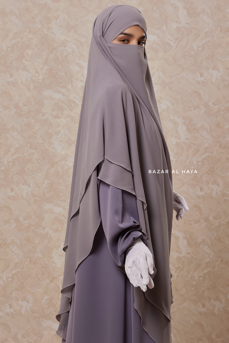 Silver Pari Layered Khimar & Salam 2 Abaya Two Piece Set