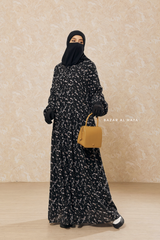 Black Amira Chiffon With Tie Neck Strings Abaya Dress - Puff Sleeves