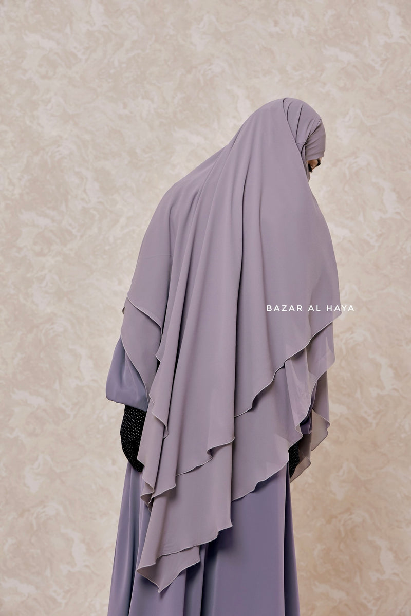 Grey Pari Two Layered Maxi Diamond Khimar - Crepe Chiffon