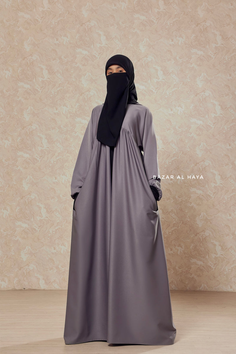 Kalina Steel Grey Hooded Abaya Dress With Pockets - Mediumweight Silk Crepe