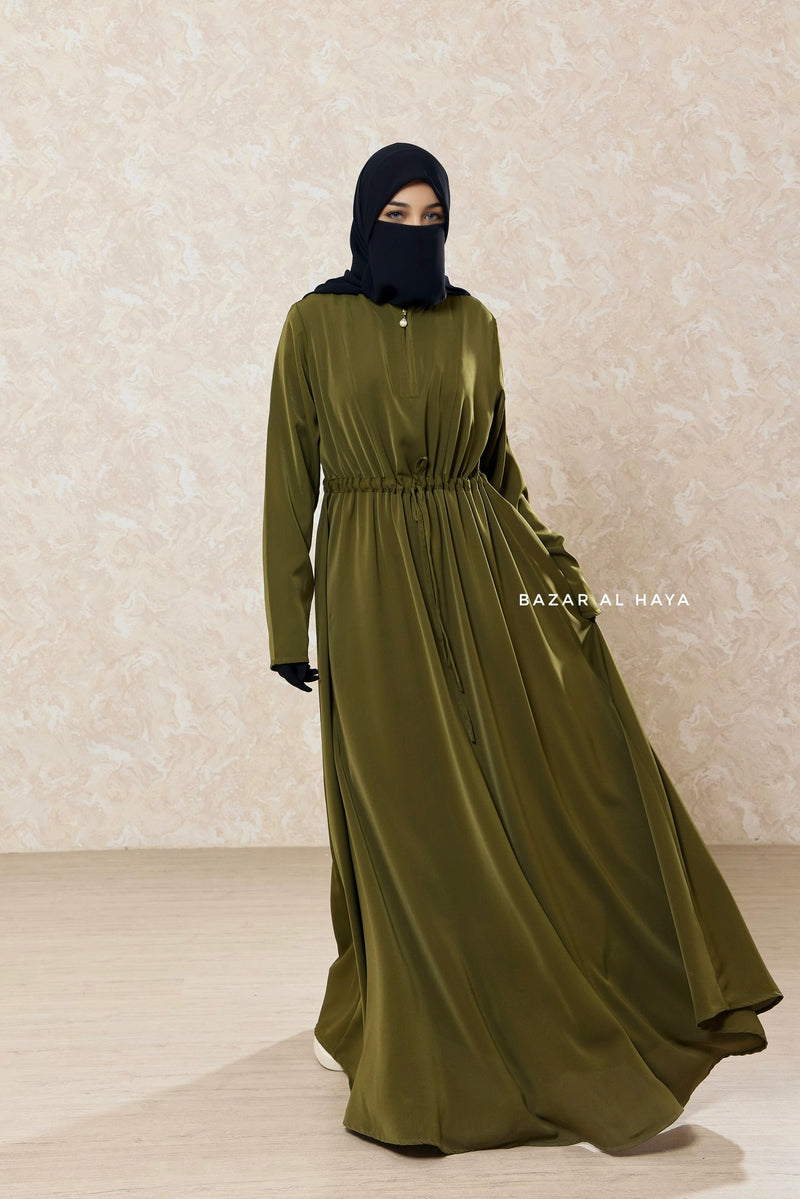 Olive Salam 3 Adjustable Belted Abaya Dress - Front Zipper & Zipper Sleeves - Nida