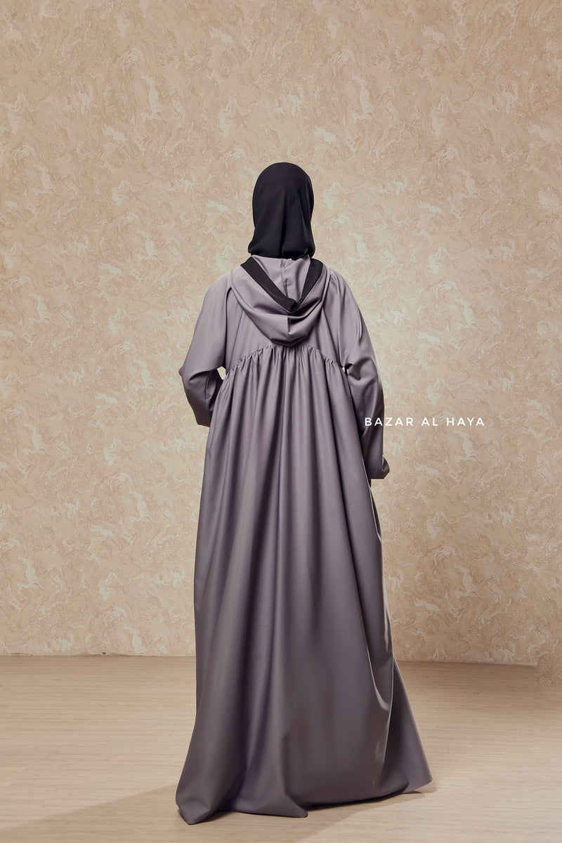 Kalina Steel Grey Hooded Abaya Dress With Pockets - Mediumweight Silk Crepe