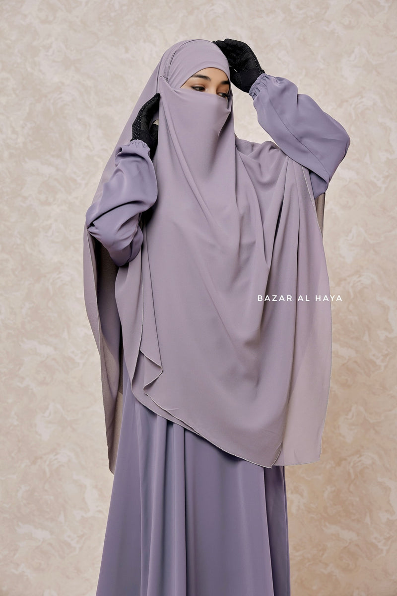 Grey Pari Two Layered Maxi Diamond Khimar - Crepe Chiffon